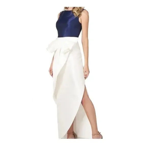Kay Unger Hailey Colorblock Sleeveless 3D Bow Side Slit Navy Ivory Dress Size 10 - Picture 4 of 15